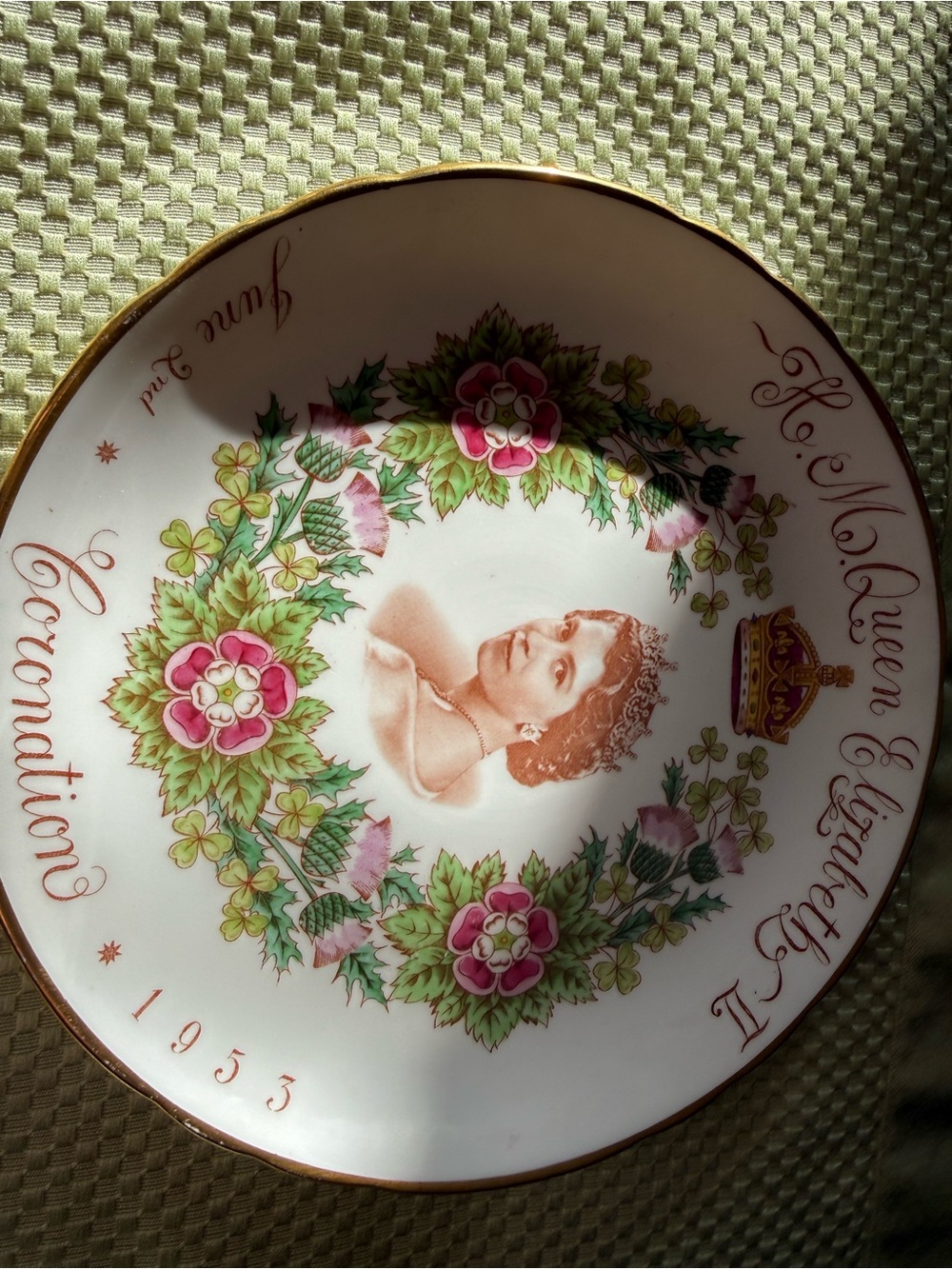 Decorative Porcelain Commemorative Plate in White, Pink and Green